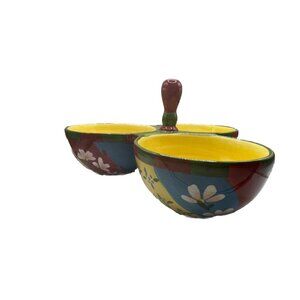 DANSK 3 Bowl Server with Handle Condiment Toppings  party dish  Hand Painted
